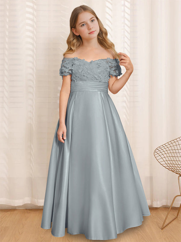 A-Line/Princess Off-the-Shoulder Short Sleeves Floor-Length Flower Girl Dress with Ruffles Dusty Blue A-Line/Princess Off-the-Shoulder Short Sleeves Floor-Length Flower Girl Dress with Ruffles Dusty Blue