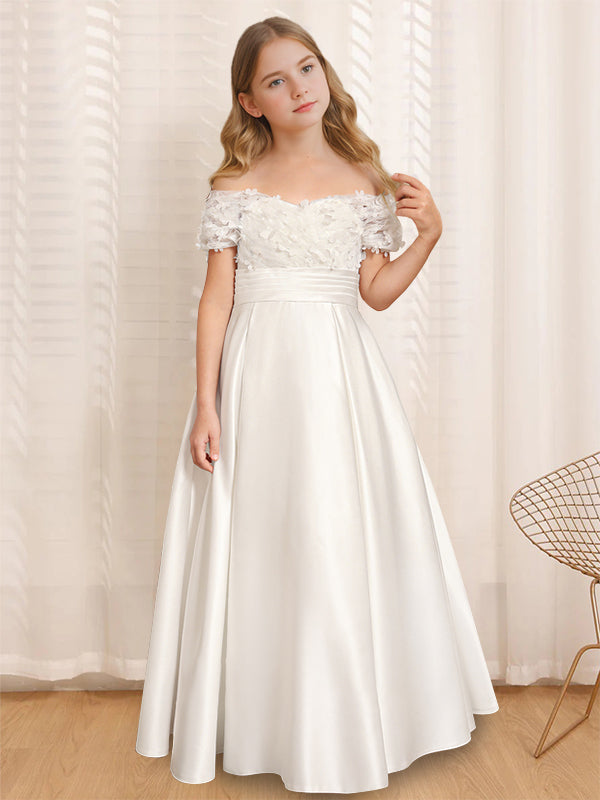 A-Line/Princess Off-the-Shoulder Short Sleeves Floor-Length Flower Girl Dress with Ruffles