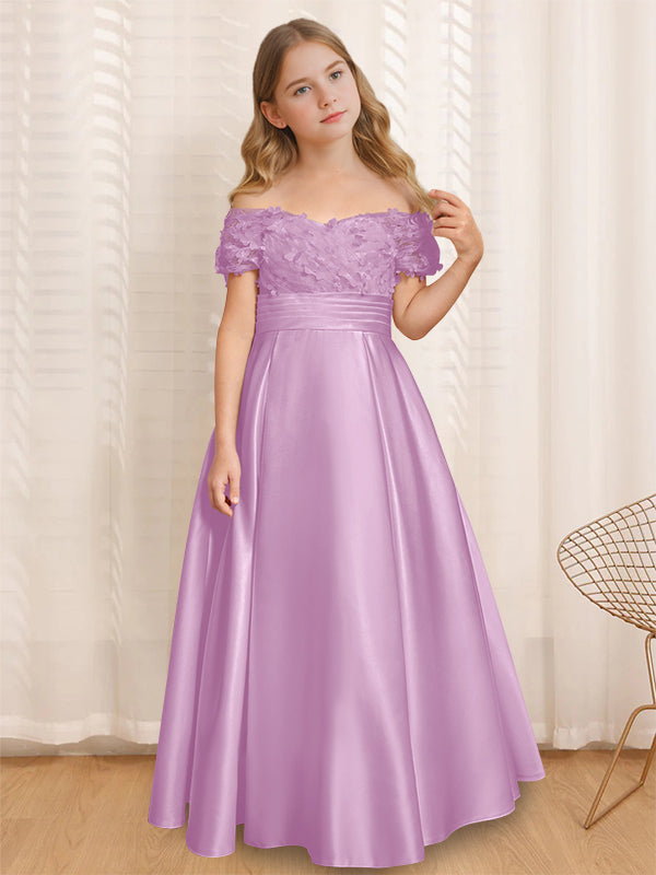 A-Line/Princess Off-the-Shoulder Short Sleeves Floor-Length Flower Girl Dress with Ruffles