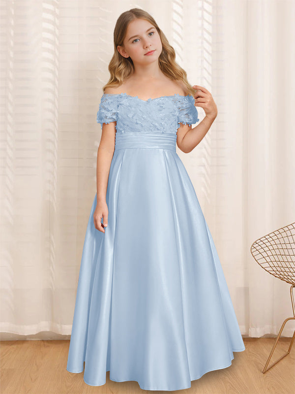 A-Line/Princess Off-the-Shoulder Short Sleeves Floor-Length Flower Gir - Mondressy A-Line/Princess Off-the-Shoulder Short Sleeves Floor-Length Flower Gir - Mondressy