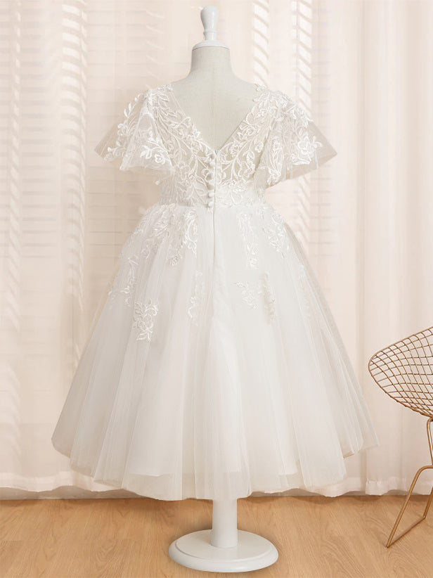 A-Line/Princess V-Neck Short Sleeves Tea-Length Flower Girl Dress with Lace