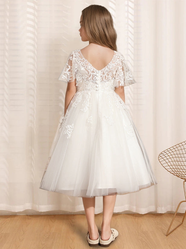 A-Line/Princess V-Neck Short Sleeves Tea-Length Flower Girl Dress with Lace