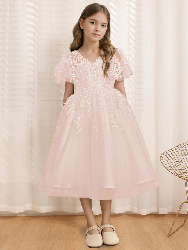 A-Line/Princess V-Neck Short Sleeves Tea-Length Flower Girl Dress with Lace