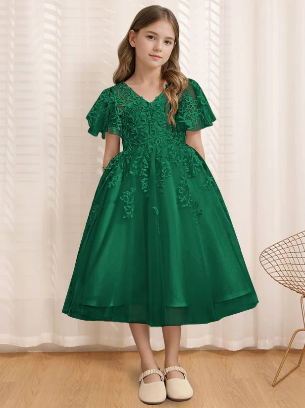 A-Line/Princess V-Neck Short Sleeves Tea-Length Flower Girl Dress with Lace