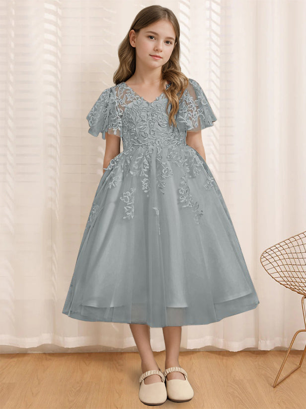 A-Line/Princess V-Neck Short Sleeves Tea-Length Flower Girl Dress with Lace