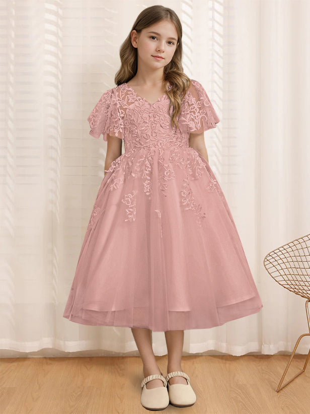 A-Line/Princess V-Neck Short Sleeves Tea-Length Flower Girl Dress with Lace