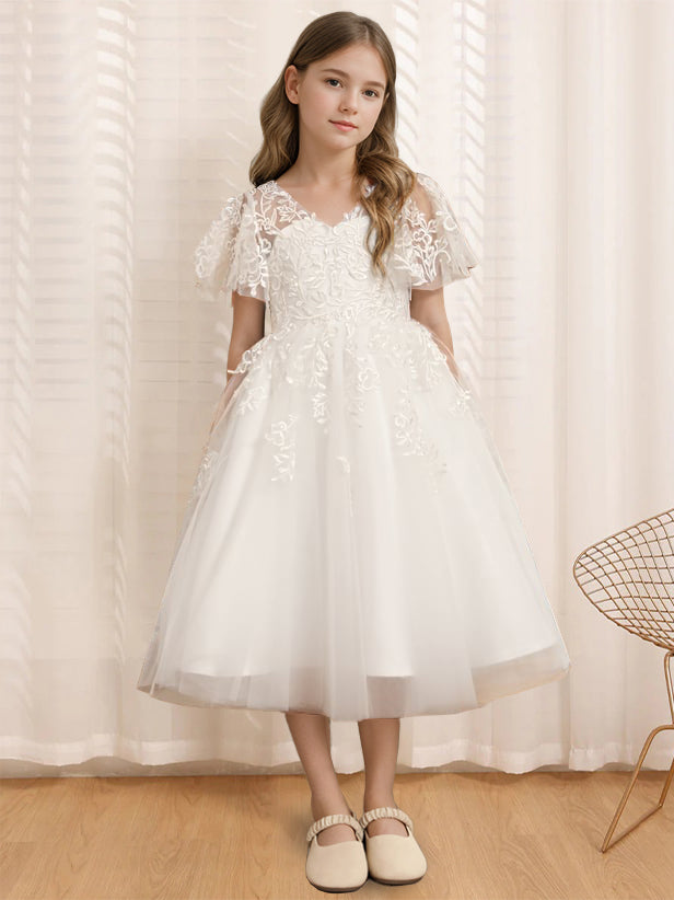 A-Line/Princess V-Neck Short Sleeves Tea-Length Flower Girl Dress with Lace, Ivory A-Line/Princess V-Neck Short Sleeves Tea-Length Flower Girl Dress with Lace, Ivory