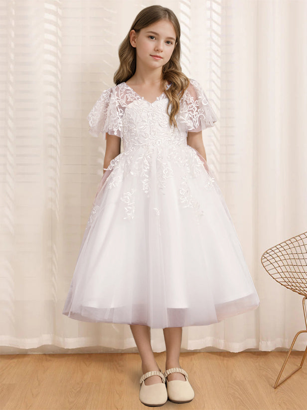 A-Line/Princess V-Neck Short Sleeves Tea-Length Flower Girl Dress with Lace, Ivory A-Line/Princess V-Neck Short Sleeves Tea-Length Flower Girl Dress with Lace, Ivory