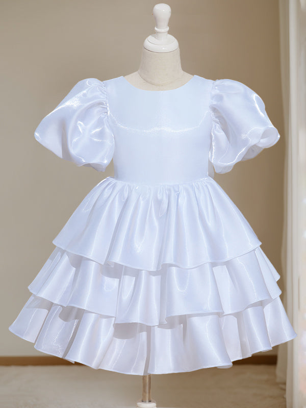 Ball-Gown Round Neck Short Sleeves Knee-Length Flower Girl Dress with Bowknot