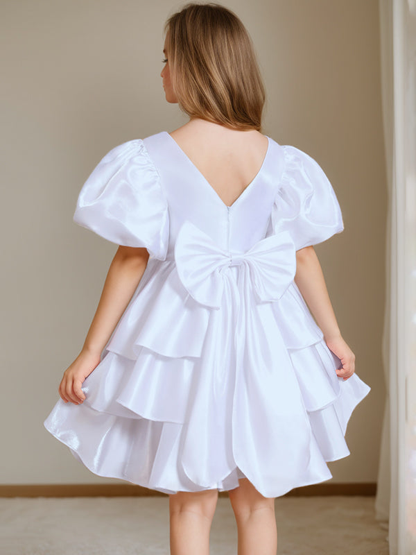 Ball-Gown Round Neck Short Sleeves Knee-Length Flower Girl Dress with Bowknot