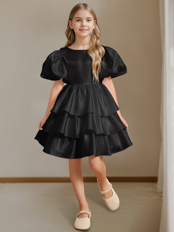 Ball-Gown Round Neck Short Sleeves Knee-Length Flower Girl Dress with Bowknot Black Ball-Gown Round Neck Short Sleeves Knee-Length Flower Girl Dress with Bowknot Black