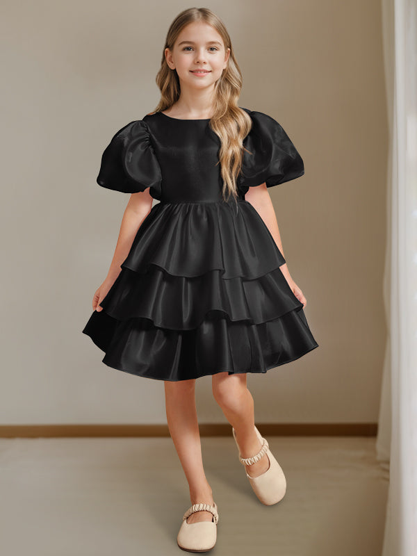 Ball-Gown Round Neck Short Sleeves Knee-Length Flower Girl Dress with Bowknot