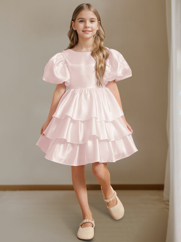 Ball-Gown Round Neck Short Sleeves Knee-Length Flower Girl Dress with Bowknot Blush Pink Ball-Gown Round Neck Short Sleeves Knee-Length Flower Girl Dress with Bowknot Blush Pink