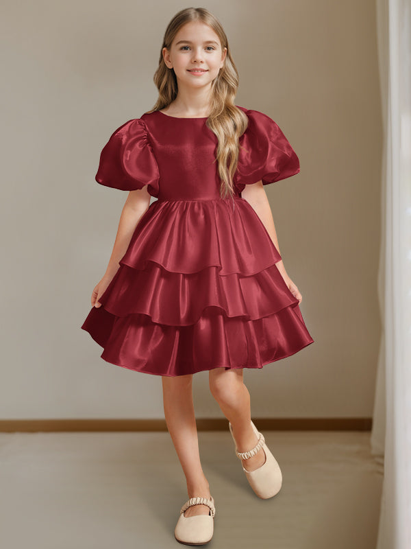 Ball-Gown Round Neck Short Sleeves Knee-Length Flower Girl Dress with Bowknot