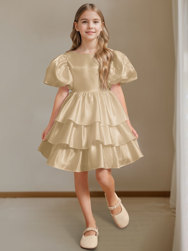 Ball-Gown Round Neck Short Sleeves Knee-Length Flower Girl Dress with Bowknot Champagne Ball-Gown Round Neck Short Sleeves Knee-Length Flower Girl Dress with Bowknot Champagne