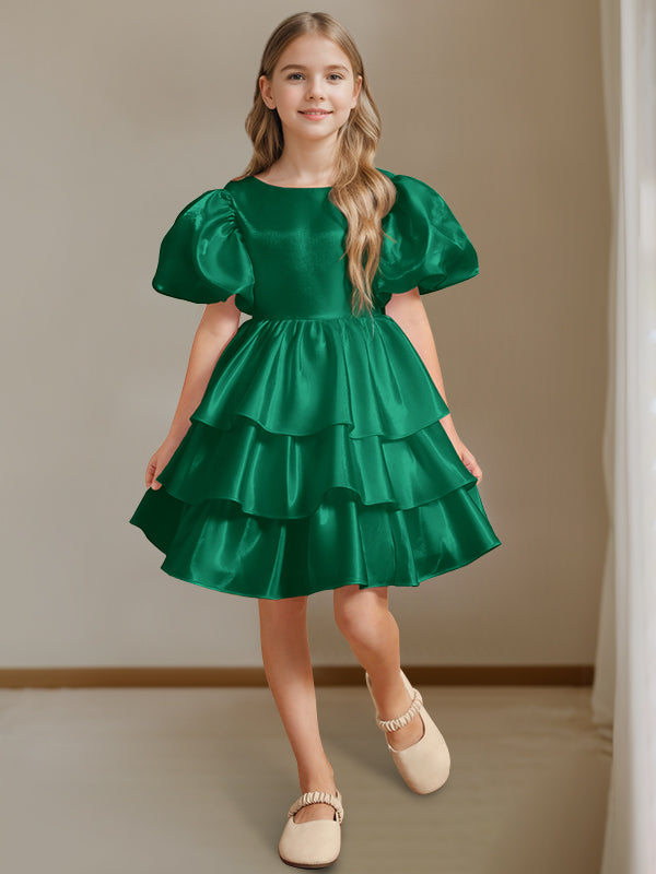 Ball-Gown Round Neck Short Sleeves Knee-Length Flower Girl Dress with Bowknot