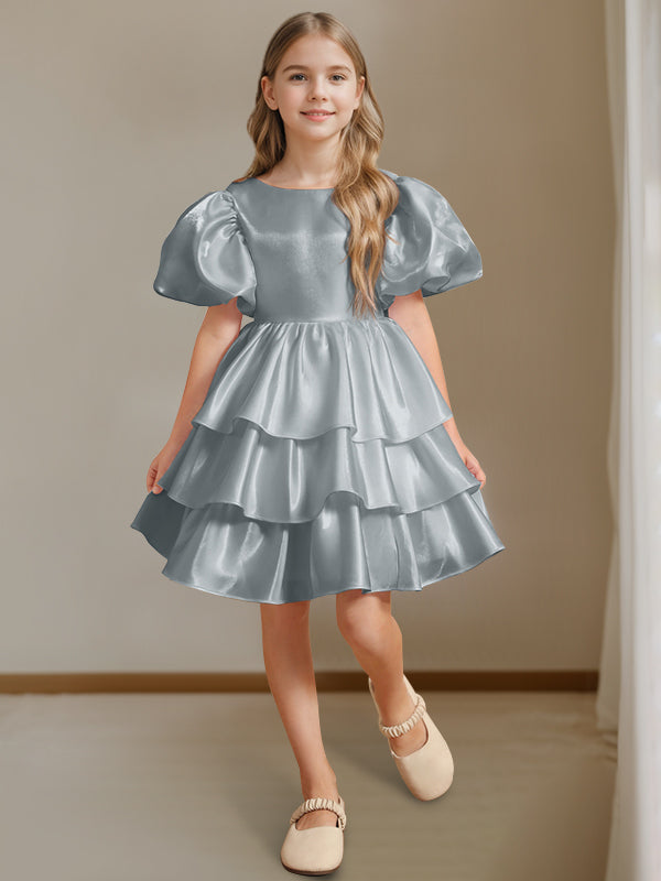 Ball-Gown Round Neck Short Sleeves Knee-Length Flower Girl Dress with Bowknot