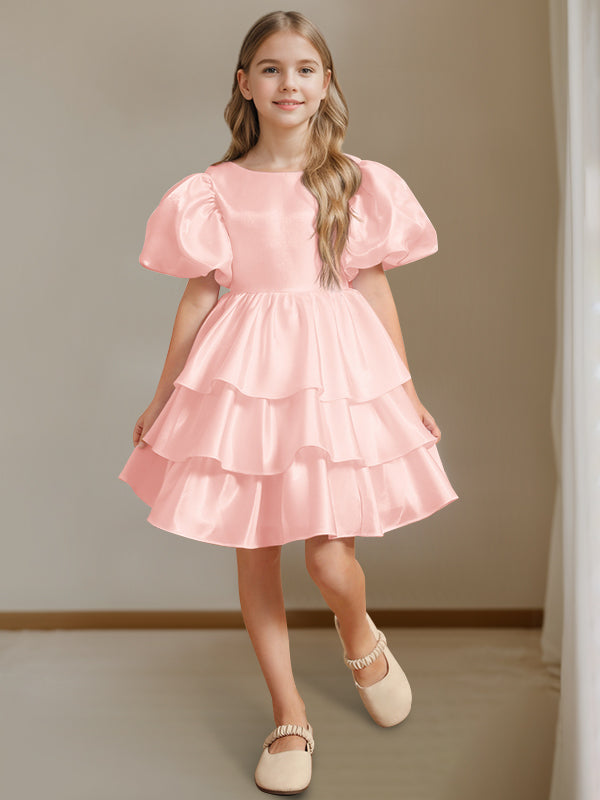 Ball-Gown Round Neck Short Sleeves Knee-Length Flower Girl Dress with Bowknot