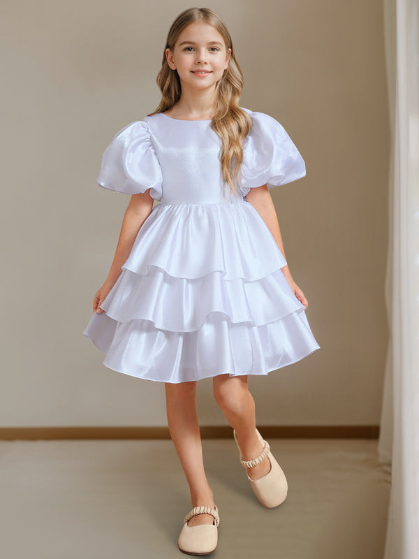 Ball-Gown Round Neck Short Sleeves Knee-Length Flower Girl Dress with Bowknot, White Ball-Gown Round Neck Short Sleeves Knee-Length Flower Girl Dress with Bowknot, White