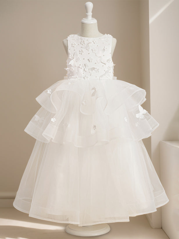 Ball-Gown Round Neck Sleeveless Ankle-Length Flower Girl Dress with Lace