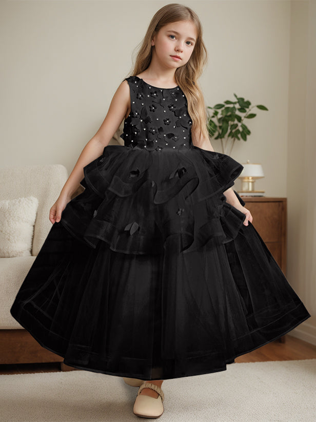 Ball-Gown Round Neck Sleeveless Ankle-Length Flower Girl Dress with Lace