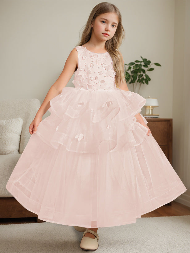 Ball-Gown Round Neck Sleeveless Ankle-Length Flower Girl Dress with Lace