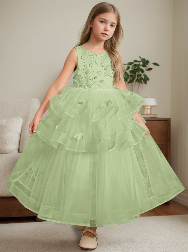 Ball-Gown Round Neck Sleeveless Ankle-Length Flower Girl Dress with Lace, Ivory Ball-Gown Round Neck Sleeveless Ankle-Length Flower Girl Dress with Lace, Ivory
