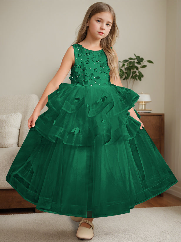 Ball-Gown Round Neck Sleeveless Ankle-Length Flower Girl Dress with La - Mondressy Ball-Gown Round Neck Sleeveless Ankle-Length Flower Girl Dress with La - Mondressy