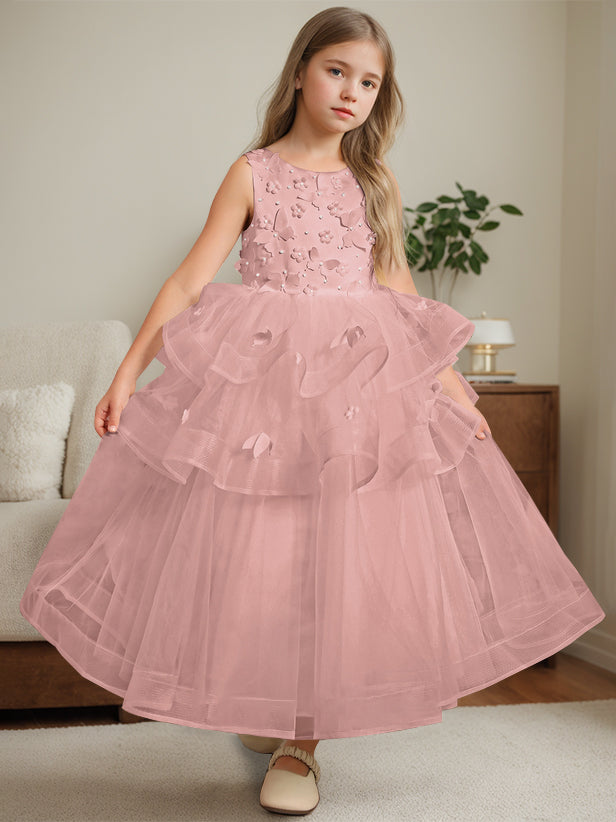 Ball-Gown Round Neck Sleeveless Ankle-Length Flower Girl Dress with Lace