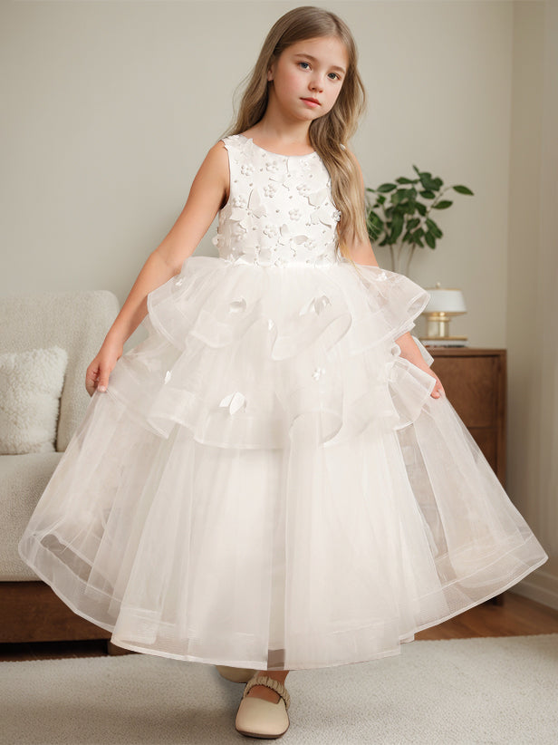 Ball-Gown Round Neck Sleeveless Ankle-Length Flower Girl Dress with Lace