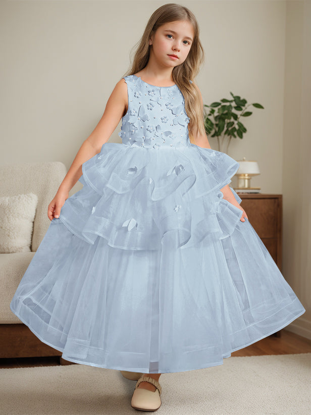 Ball-Gown Round Neck Sleeveless Ankle-Length Flower Girl Dress with Lace