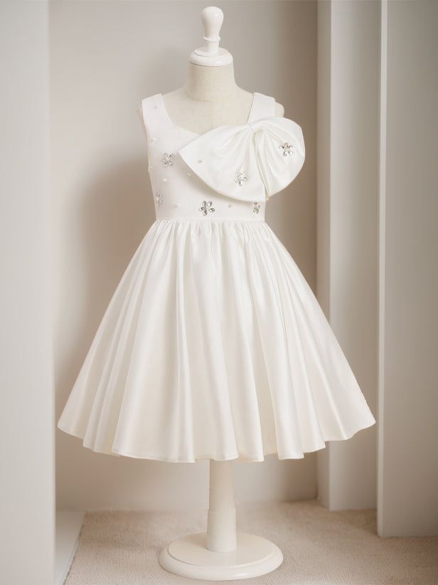 A-Line/Princess Square Neck Sleeveless Knee-Length Flower Girl Dress with Beads & Bowknot