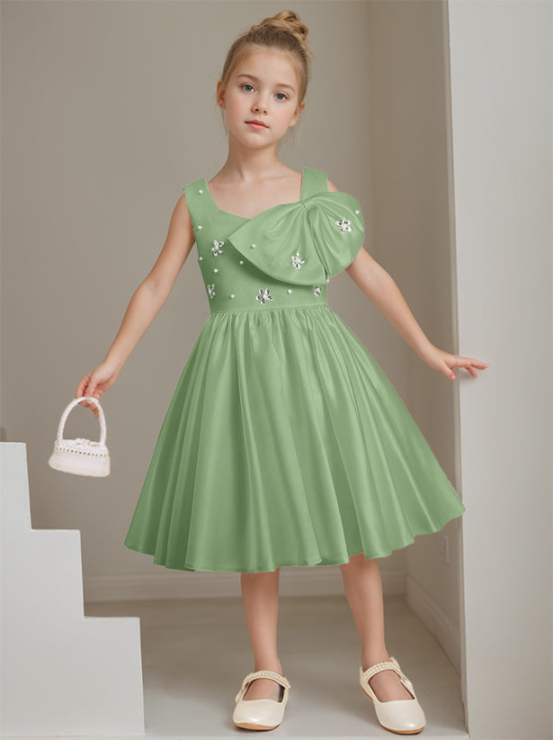 A-Line/Princess Square Neck Sleeveless Knee-Length Flower Girl Dress with Beads & Bowknot