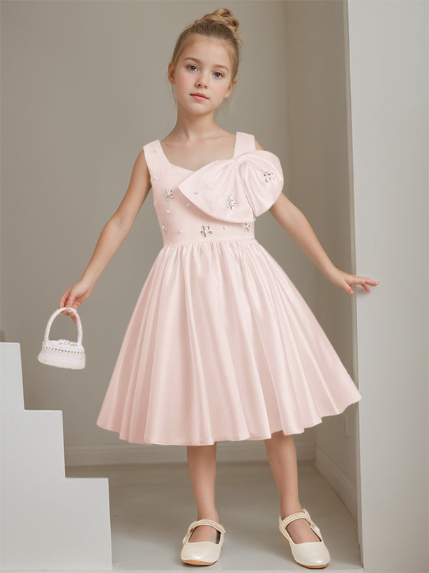 A-Line/Princess Square Neck Sleeveless Knee-Length Flower Girl Dress with Beads & Bowknot