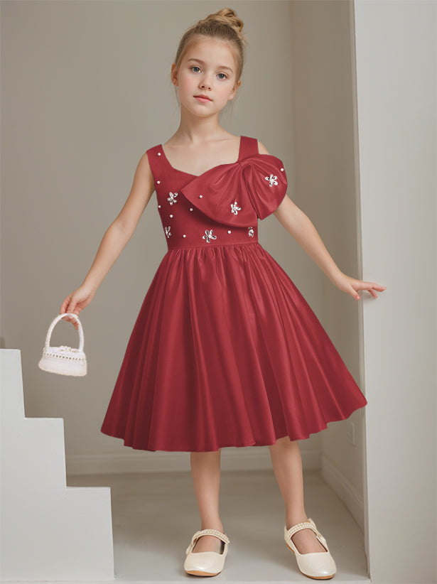 A-Line/Princess Square Neck Sleeveless Knee-Length Flower Girl Dress with Beads & Bowknot