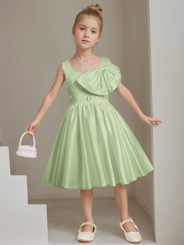 A-Line/Princess Square Neck Sleeveless Knee-Length Flower Girl Dress with Beads & Bowknot