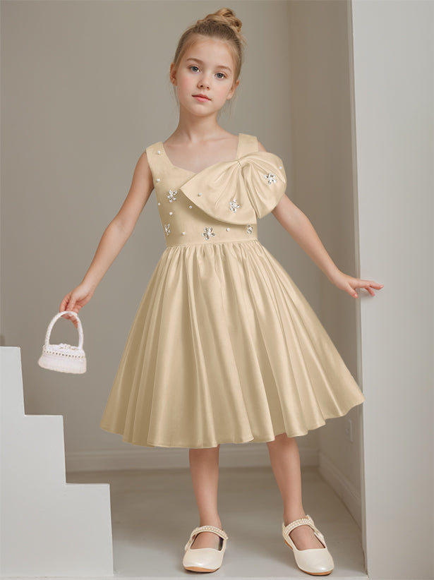 A-Line/Princess Square Neck Sleeveless Knee-Length Flower Girl Dress with Beads & Bowknot