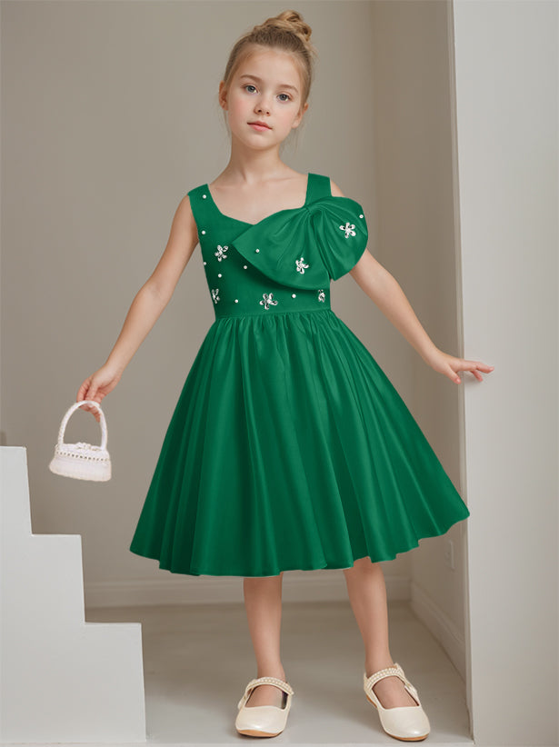 A-Line/Princess Square Neck Sleeveless Knee-Length Flower Girl Dress with Beads & Bowknot