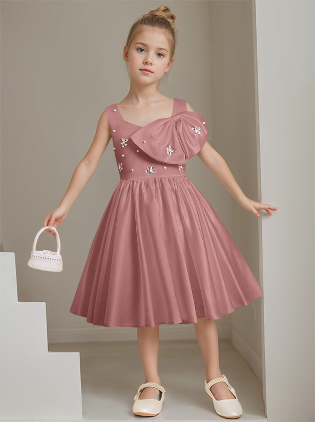 A-Line/Princess Square Neck Sleeveless Knee-Length Flower Girl Dress with Beads & Bowknot