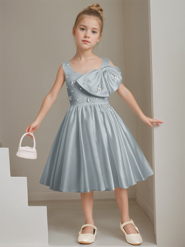 A-Line/Princess Square Neck Sleeveless Knee-Length Flower Girl Dress with Beads & Bowknot