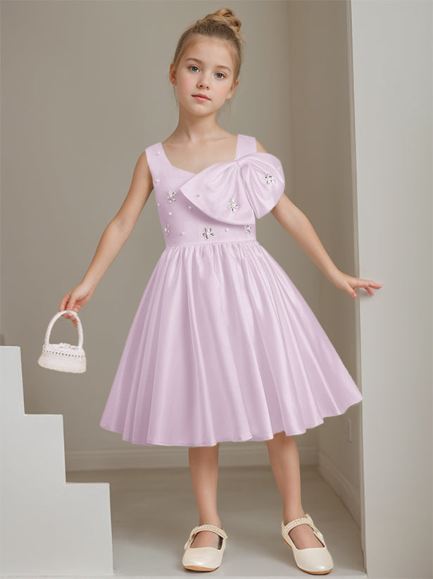 A-Line/Princess Square Neck Sleeveless Knee-Length Flower Girl Dress with Beads & Bowknot