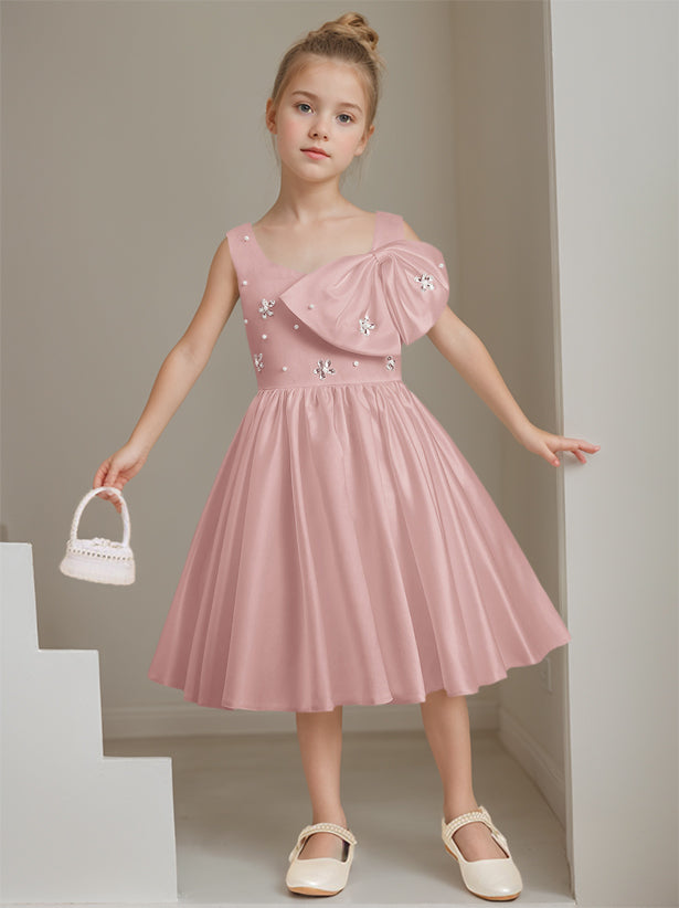 A-Line/Princess Square Neck Sleeveless Knee-Length Flower Girl Dress with Beads & Bowknot