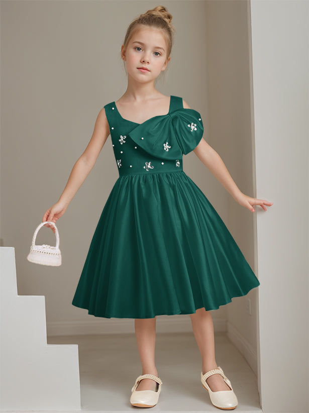 A-Line/Princess Square Neck Sleeveless Knee-Length Flower Girl Dress with Beads & Bowknot