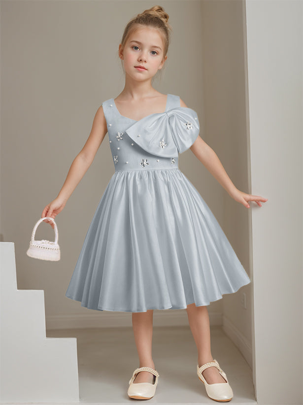 A-Line/Princess Square Neck Sleeveless Knee-Length Flower Girl Dress with Beads & Bowknot