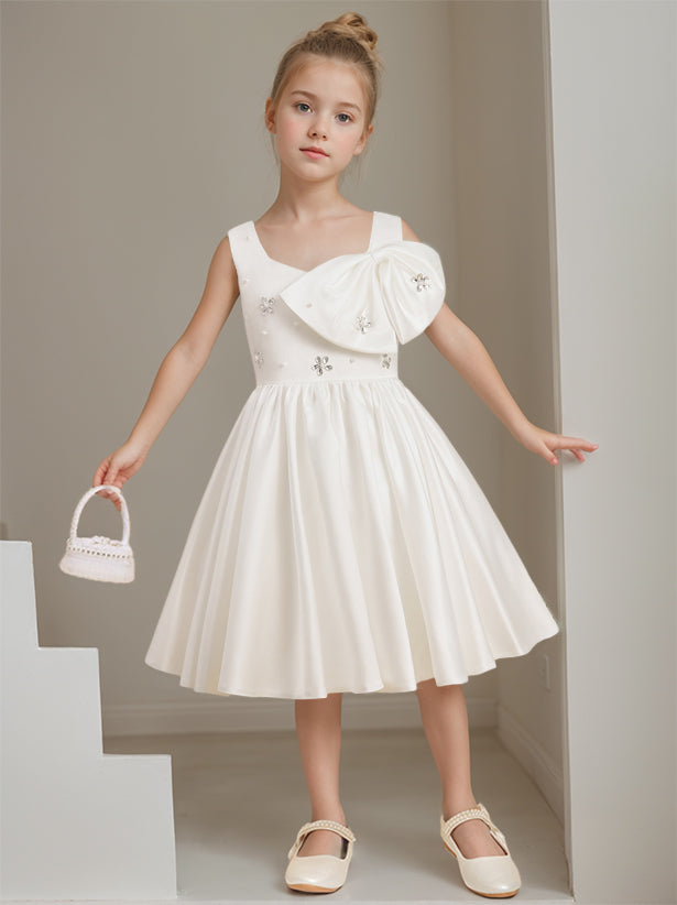 A-Line/Princess Square Neck Sleeveless Knee-Length Flower Girl Dress with Beads & Bowknot