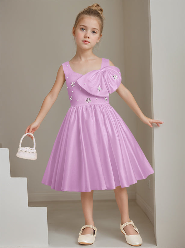 A-Line/Princess Square Neck Sleeveless Knee-Length Flower Girl Dress with Beads & Bowknot