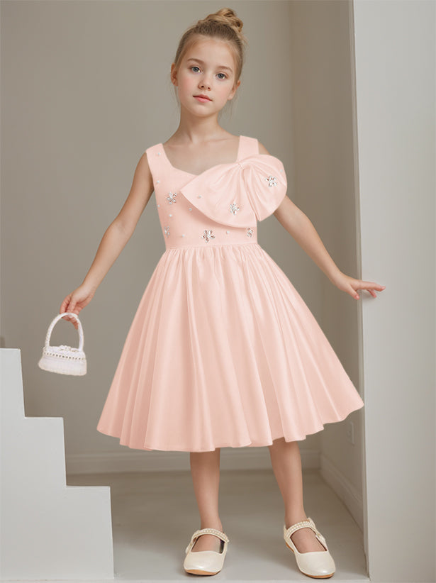 A-Line/Princess Square Neck Sleeveless Knee-Length Flower Girl Dress with Beads & Bowknot