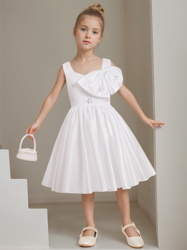 A-Line/Princess Square Neck Sleeveless Knee-Length Flower Girl Dress with Beads & Bowknot