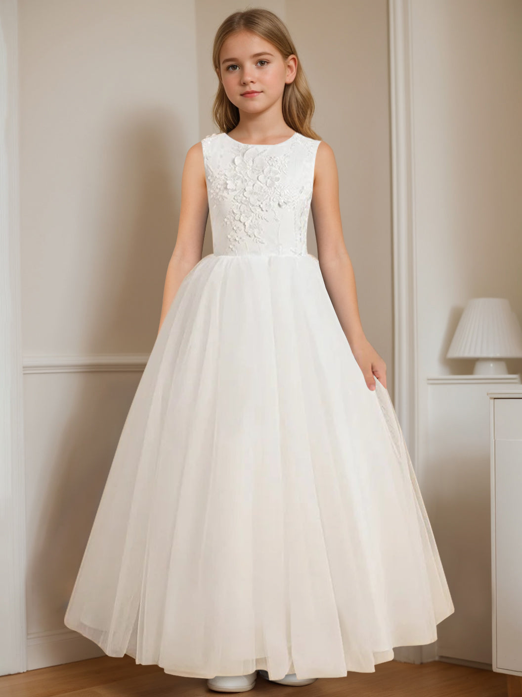 A-Line/Princess Round Neck Sleeveless Floor-Length Flower Girl Dress with Appliques