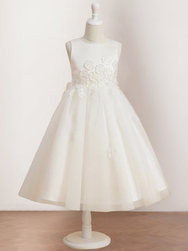 A-Line/Princess Scoop Neck Sleeveless Tea-Length Flower Girl Dress with Appliques